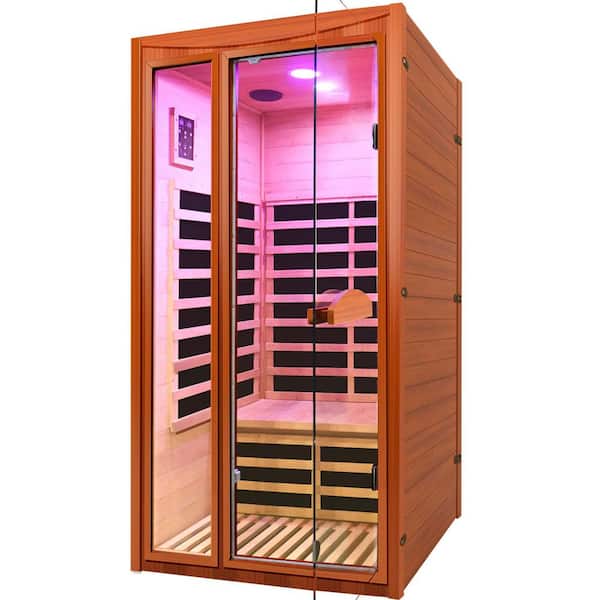 Okoume Wood 2-Person Far Infrared Sauna with 6-Heating Panels, Colorful Lights, Reading Lights and 2-Bluetooth Speakers