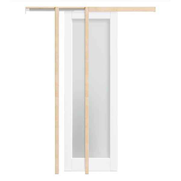 TENONER 56 in. x 80 in. Full Lite, Frosted Glass, Solid Core, DIY Painted, White Primed, MDF Sliding Door with All Hardware
