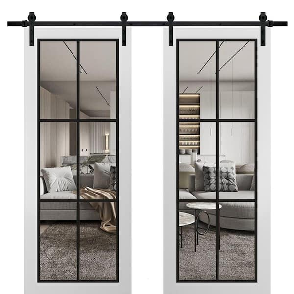 30 in. x 80 in. 2 Panel Clear Glass White Solid Wood Sliding Barn Door with Hardware Kit