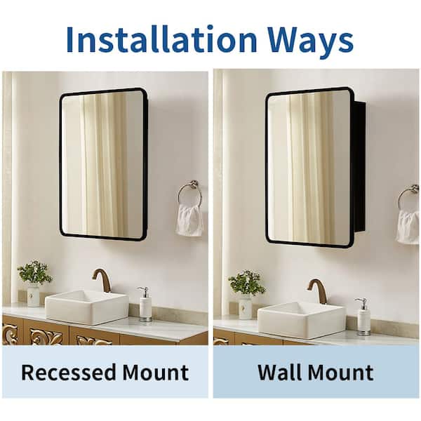 Zeus & Ruta 24 in. W x 30 in. H Rectangular Black Metal Framed Wall Recessed/Surface Mount Bathroom Medicine Cabinet with Mirror