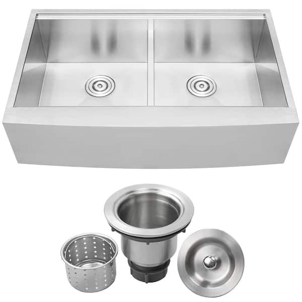 Ticor Bryce Zero Radius Farmhouse Apron Front 16-Gauge Stainless Steel 36 in. Double Basin Kitchen Sink with Basket Strainer