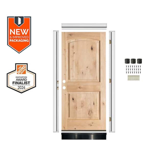 DIY 36 in. x 80 in. Knotty Alder 2-Panel Right-Hand Arch Unfinished Single Wood Front Door Kit w/ Quick Assemble Jamb