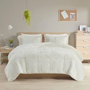 Leena 3-Piece Ivory Textured Shaggy Long Fur Polyester Full/Queen Comforter Set