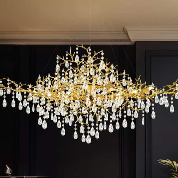 12-Lights Gold Luxury Crystal Linear Chandelier, Modern Tree Branch Ceiling Pendant Light for Dinning Room, Living Room
