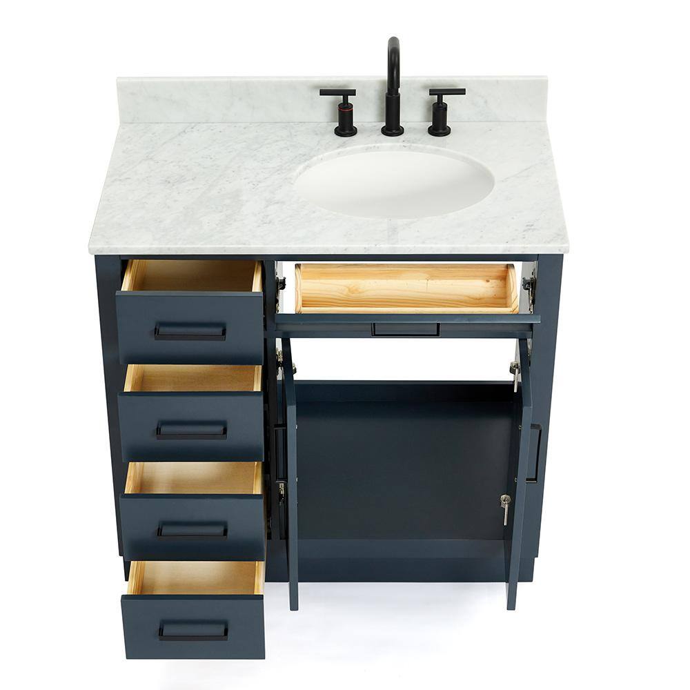 Midnight Blue 37" Freestanding Vanity with White Marble Top