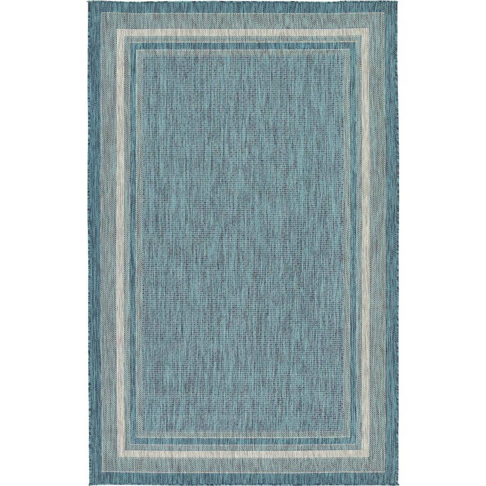 5' x 8' Teal Blue and Beige Flat Woven Outdoor Area Rug