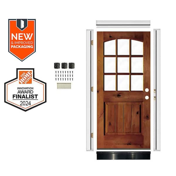 DIY 32 in. x 80 in. Arch Top Left-Handed Clear Glass Red Chestnut Knotty Alder Wood Front Door Kit w/Quick Assemble Jamb