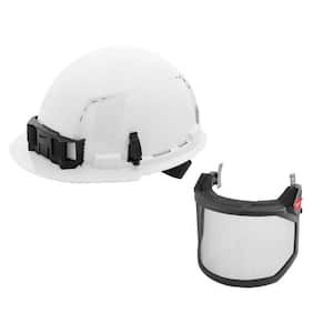 BOLT White Type 1 Class C Front Brim Vented Hard Hat with 4-Point Ratcheting Suspension with BOLT Mesh Full Faceshield