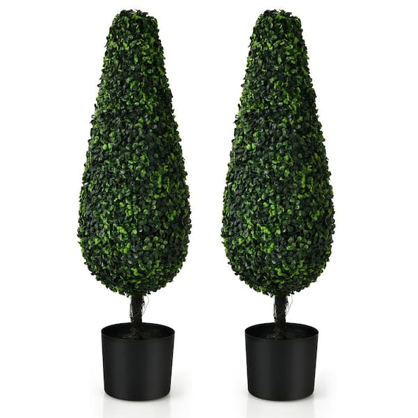 Costway 35 in. Green Artificial Boxwood Tower Topiary Tree in Pot UV Resistant Indoor Outdoor (2-Pack)