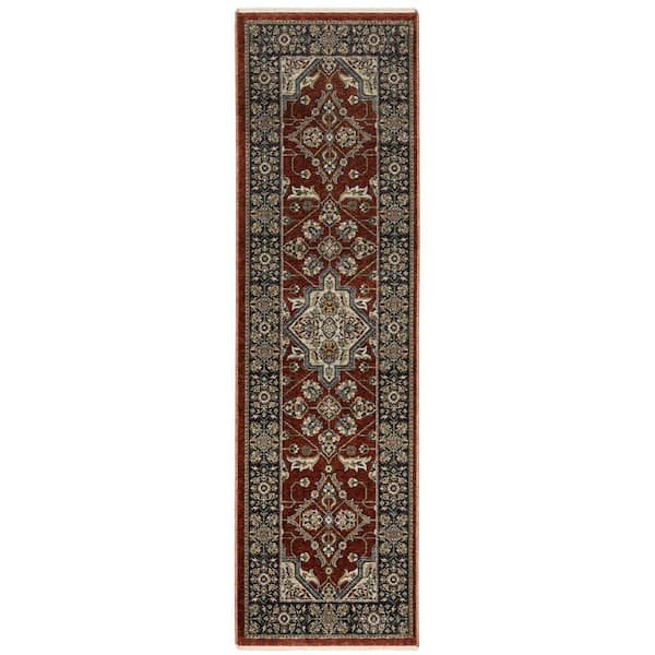AVERLEY HOME Ambrose Red/Blue 2 ft. x 8. ft. Classic Oriental Medallion Polyester Fringe Edge Indoor Runner Area Rug