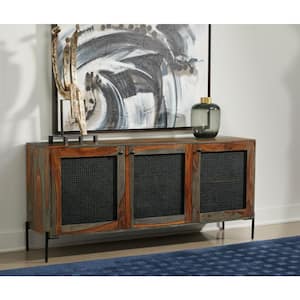 Greystone and Black Powdercoat Wood Top 65 in. Credenza with 3-Doors Fits TV's up to 55 in.