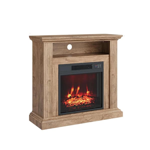 32 in Freestanding Electric Fireplace TV Stand in Natural with Open Shelf, Remote Control, Adjustable Flame/Temperature