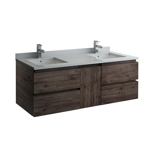 Fresca Formosa 60 in. Modern Double Wall Hung Vanity in Warm Gray with Quartz Stone Vanity Top in White with White Basins