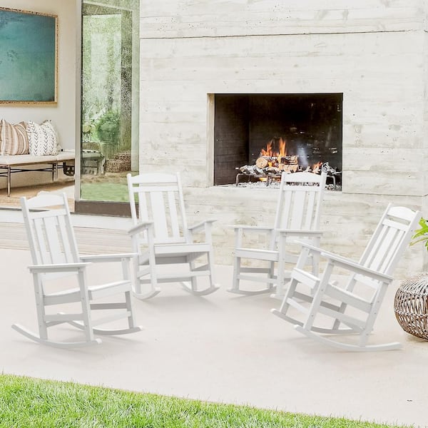 OrangeOne Hampton White Recycled Plastic Patio Adirondack Outdoor Rocking Chair Porch Rocker Patio Rocking Chair Set of 4