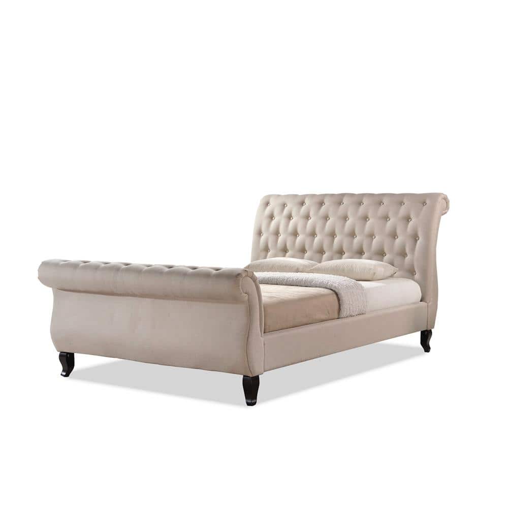 Antoinette Light Beige Polyester King Platform Bed with Dark-Brown Legs