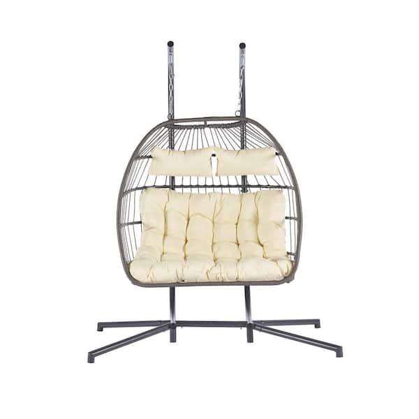 JimsMaison 45.7 in. 2-Person Metal Frame and Wicker Patio Swing with Beige Cushions