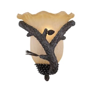 Aspen 1-Light Rustic Pinecone Wood Flush Wall Sconce Amber Glass