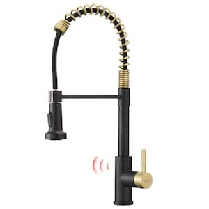Single-Handle Touchless Sensor Gooseneck Pull-Down Sprayer Kitchen Faucet in Matte Black and Brushed Gold