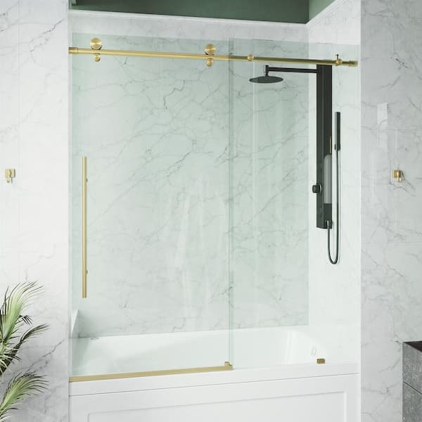 VIGO Elan E-Class 56 to 60 in. W x 66 in. H Sliding Frameless Tub Door in Matte Gold with 3/8 in. (10mm) Clear Glass
