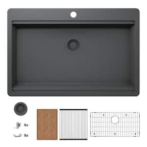 Stonehaven 33 in. Drop-In Single Bowl Charcoal Gray Granite Composite Workstation Kitchen Sink with Charcoal Strainer