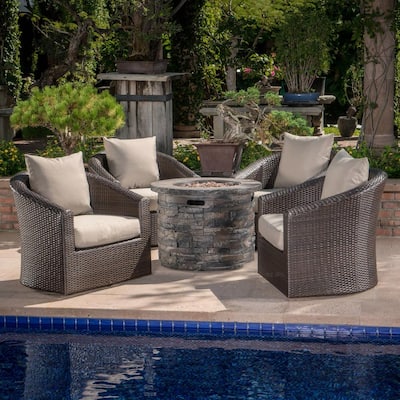 Glenwood Mixed Brown 3-Piece Plastic Patio Fire Pit Seating Set with Mixed Khaki Cushions