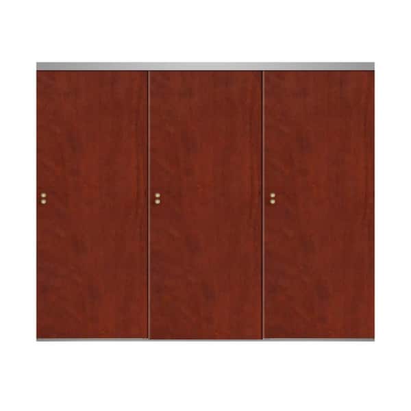 Impact Plus 90 in. x 84 in. Smooth Flush Cherry Solid Core MDF Interior Closet Sliding Door with Chrome Trim
