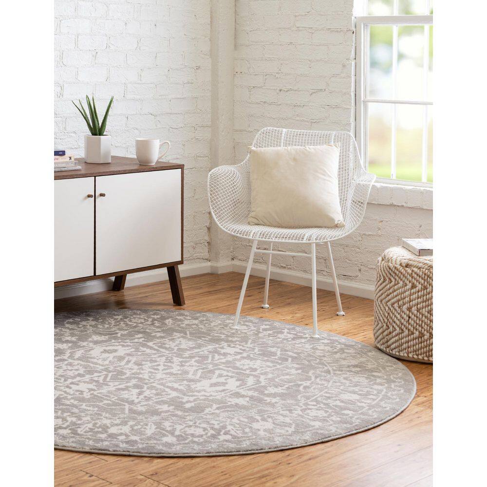 Light Gray Round Abstract Stain-Resistant Synthetic Rug
