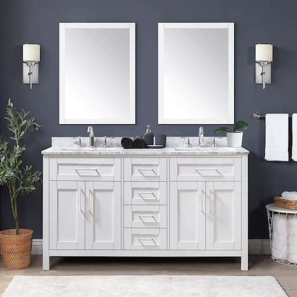 OVE Decors Wexford 60 in. W x 21 in. D x 34 in. H Double Sink Bath Vanity in White with Carrara Marble Top and Mirrors