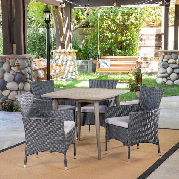 Noble House Coronado's Gray 5-Piece Wood and Faux Rattan Outdoor Dining Set with Silver Cushions