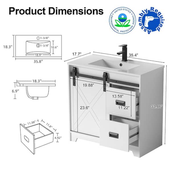 eclife 36 in. W Single Sink Freestanding White Bath Vanity with