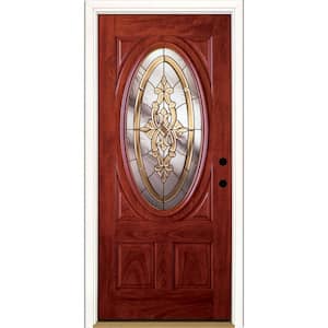 37.5 in. x 81.625 in. Silverdale Brass 3/4 Oval Lite Stained Cherry Mahogany Left-Hand Fiberglass Prehung Front Door