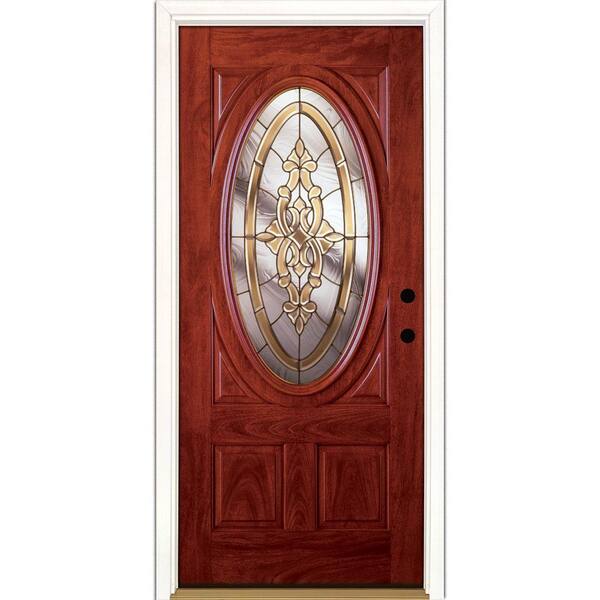 Feather River Doors 37.5 in. x 81.625 in. Silverdale Brass 3/4 Oval Lite Stained Cherry Mahogany Left-Hand Fiberglass Prehung Front Door