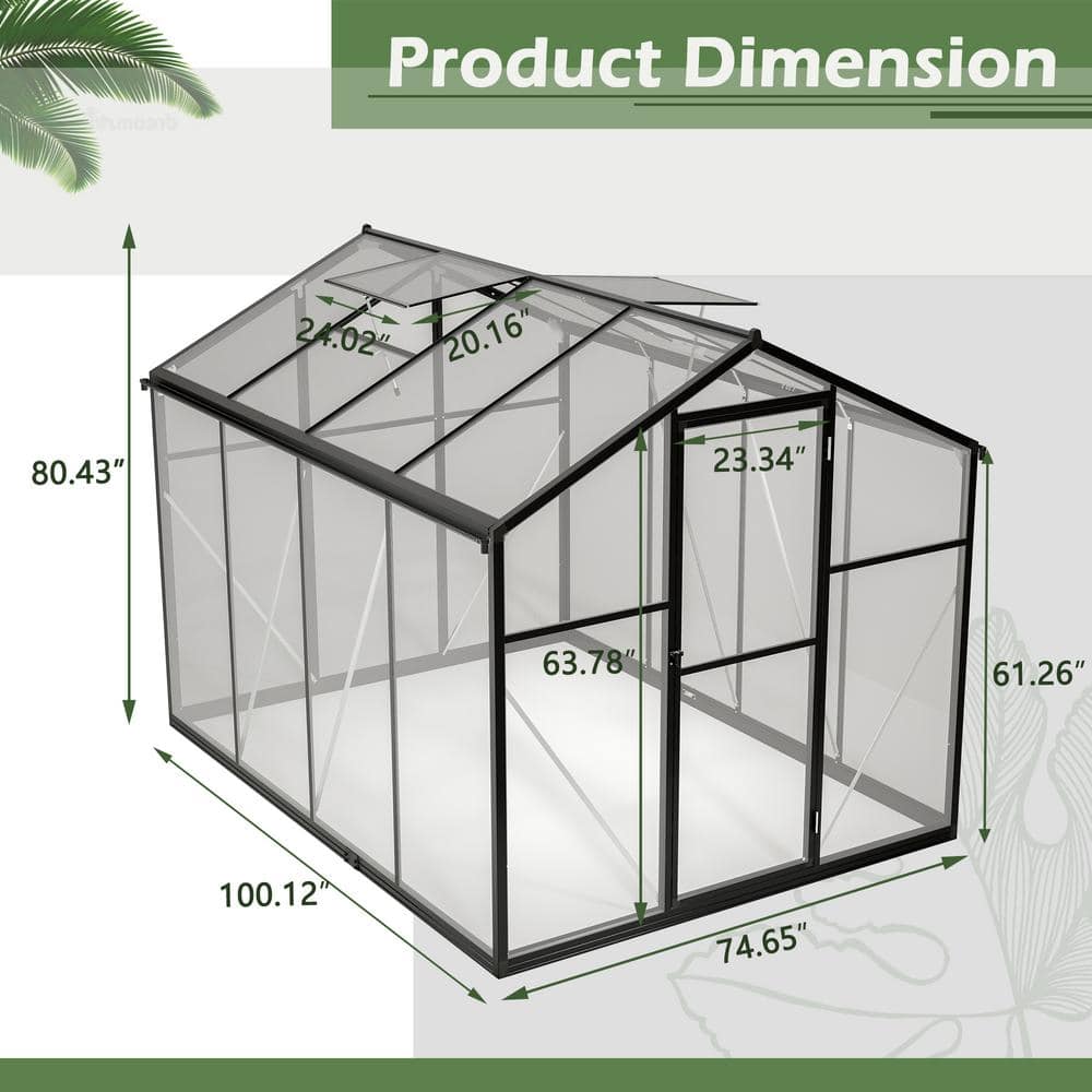 Black 6' x 8' Polycarbonate Aluminum Outdoor Greenhouse