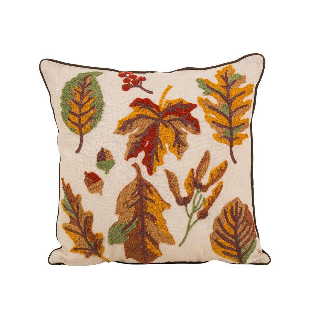 Beige and Brown Embroidered Linen Square Thanksgiving Throw Pillow Set