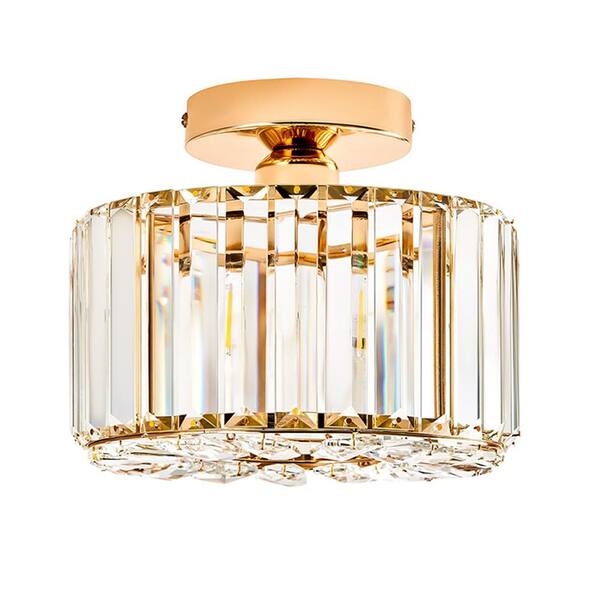 OLUZO 8.7 in. 1-Light Modern Gold Semi Flush Mount Ceiling Light with Clear Crystal Shade