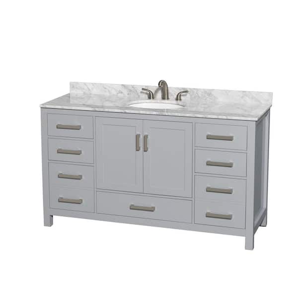 Wyndham Collection Sheffield 60 in. W x 22 in. D x 35 in. H Single Bath Vanity in Gray with White Carrara Marble Top