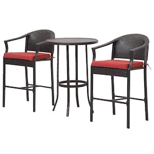 Brown 3-Piece Wicker Outdoor Bistro Set Height Bar Stools with Wine Red Cushions and Round Metal Top Table