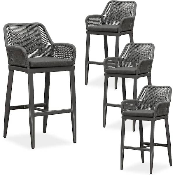 Modern Aluminum Rattan Bar Height Outdoor Bar Stool with Back and Grey Cushion (4-Pack)