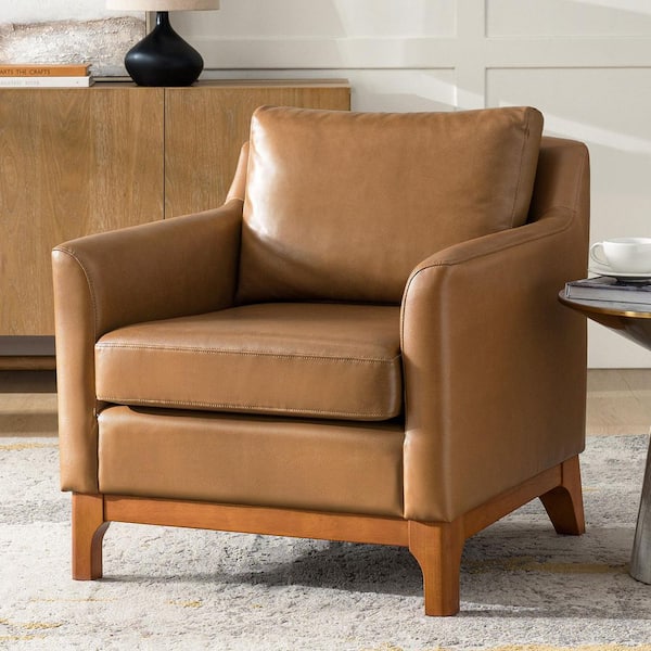 Luca Camel Mid-Century Modern Genuine Leather Armchair