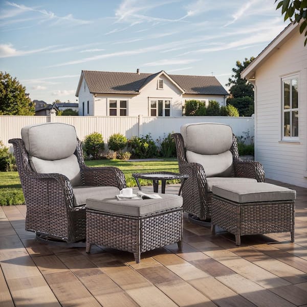 LunaCurve 3-Piece Brown Swivel Glider Wicker Outdoor Rocking Chair with 5 in. Gray Cushions and Side Table