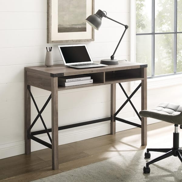 Walker Edison Furniture Company 42 in. Rectangular Grey Wash Writing Desks with Built-In Storage