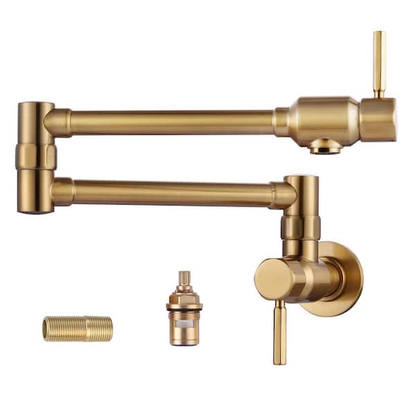 WOWOW Solid Brass Wall Mounted Pot Filler Faucet with Double Joint Swing Arms, Commercial Kitchen Pot Faucet in Gold