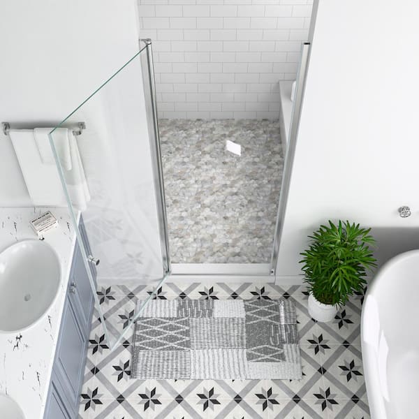 24 in. W x 72 in. H Space Saving Pivot Semi-Frameless Swing Shower Door in Chrome Finish in 1/4 in. Clear Tempered Glass