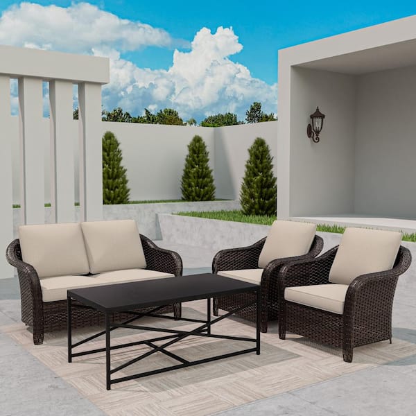 4-Piece Wicker Outdoor Patio Conversation Sofa Furniture Set with Beige Cushions