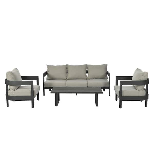 4-Piece Metal Patio Conversation Set with Light Gray Cushions, Plastic Wood Table