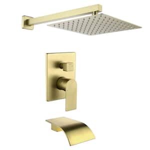 Modern Single Handle 1.8 GPM 10 in. Wall Mount Shower Head & Tub Faucet with Long Spout in Brushed Gold (Valve Included)