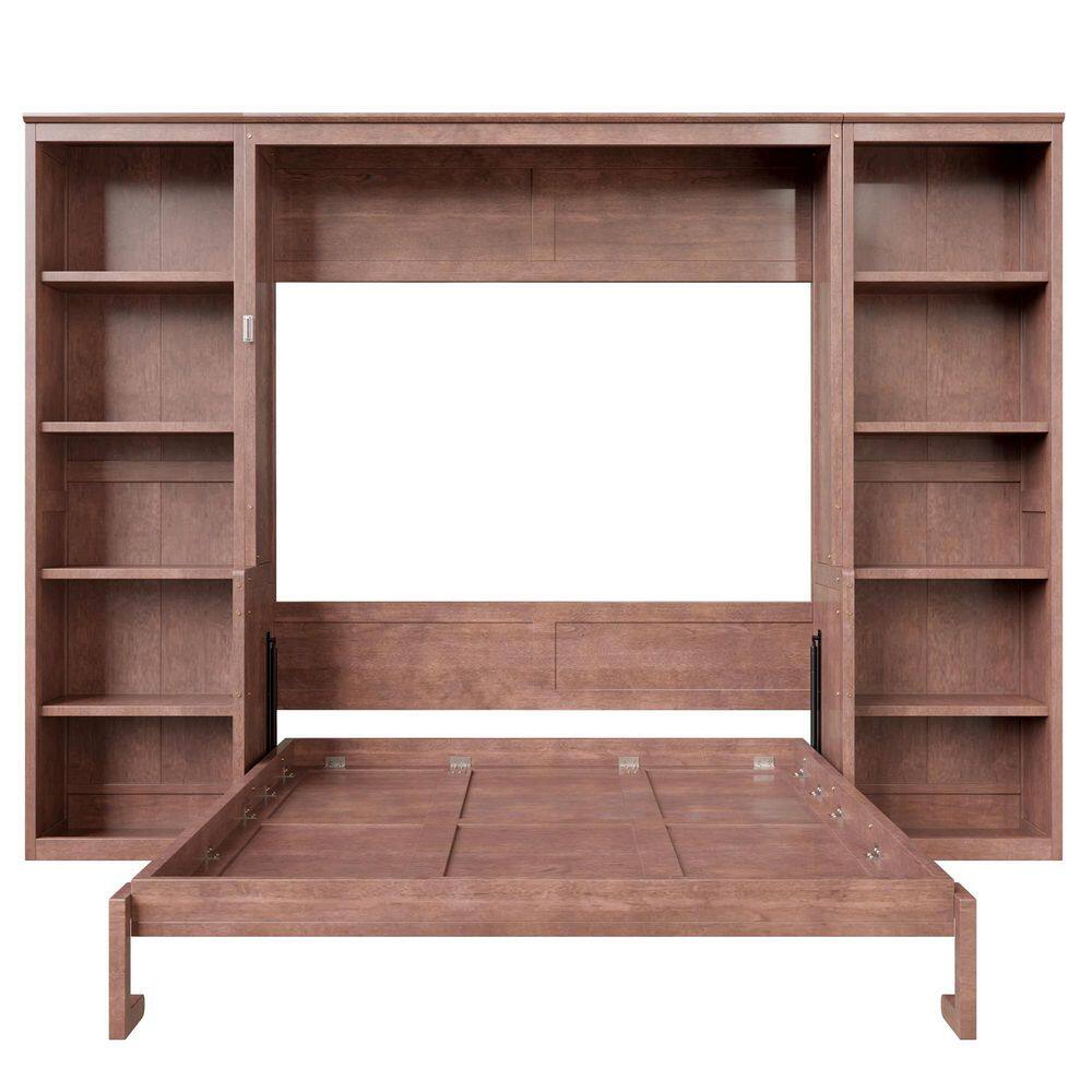 Dark Brown Wood Frame Queen Size Murphy Bed Wall Bed with Storage Bookshelves - thumbnail 4