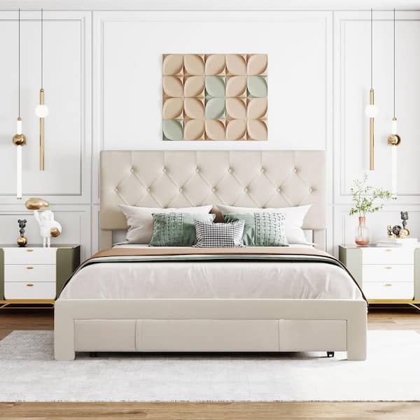 ATHMILE Beige Wood Frame Queen Velvet Upholstered Platform Bed with Drawer