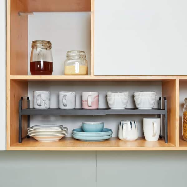 Adrinfly Expandable Kitchen Cabinet Shelf Organizer Set of 2 Adjustable Stackable Metal Shelves for Pantry Countertop Black