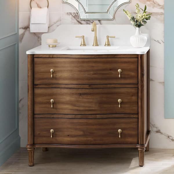 Guildhall 37 in. Single Sink Freestanding Bathroom Vanity in Warm Walnut with White Quartz Top (Assembled)